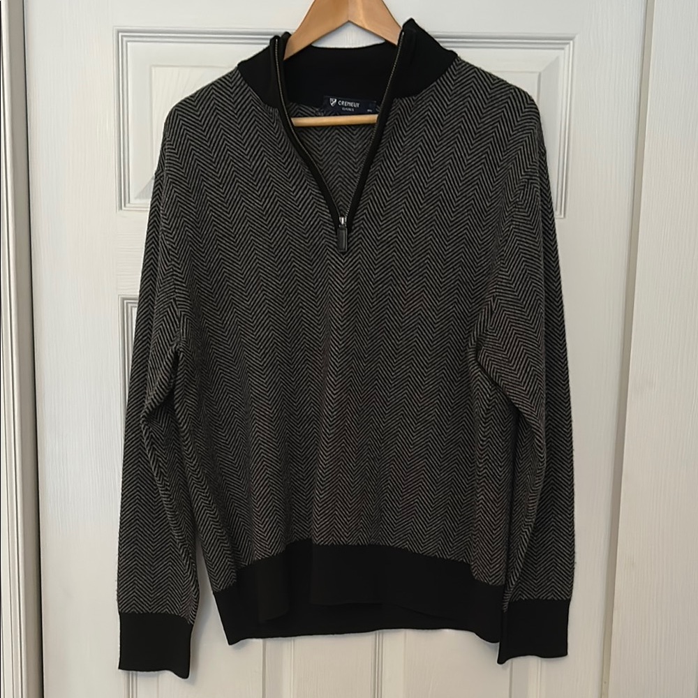 Cremieux Men's 1/4 zip Black & Gray Herringbone Sweater L 100% Extra Fine Wool